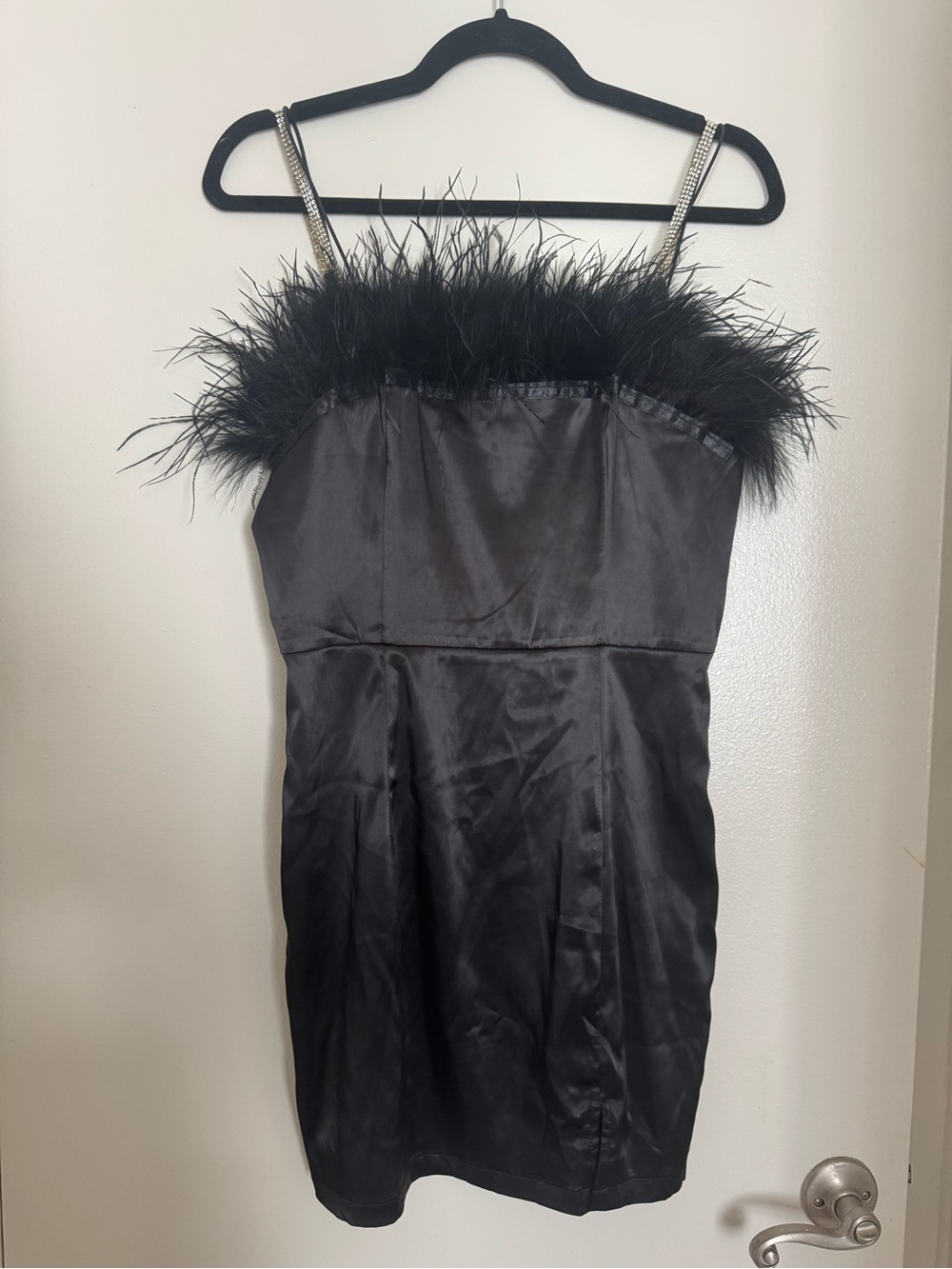 NWT Satin feather rhinestone strap dress